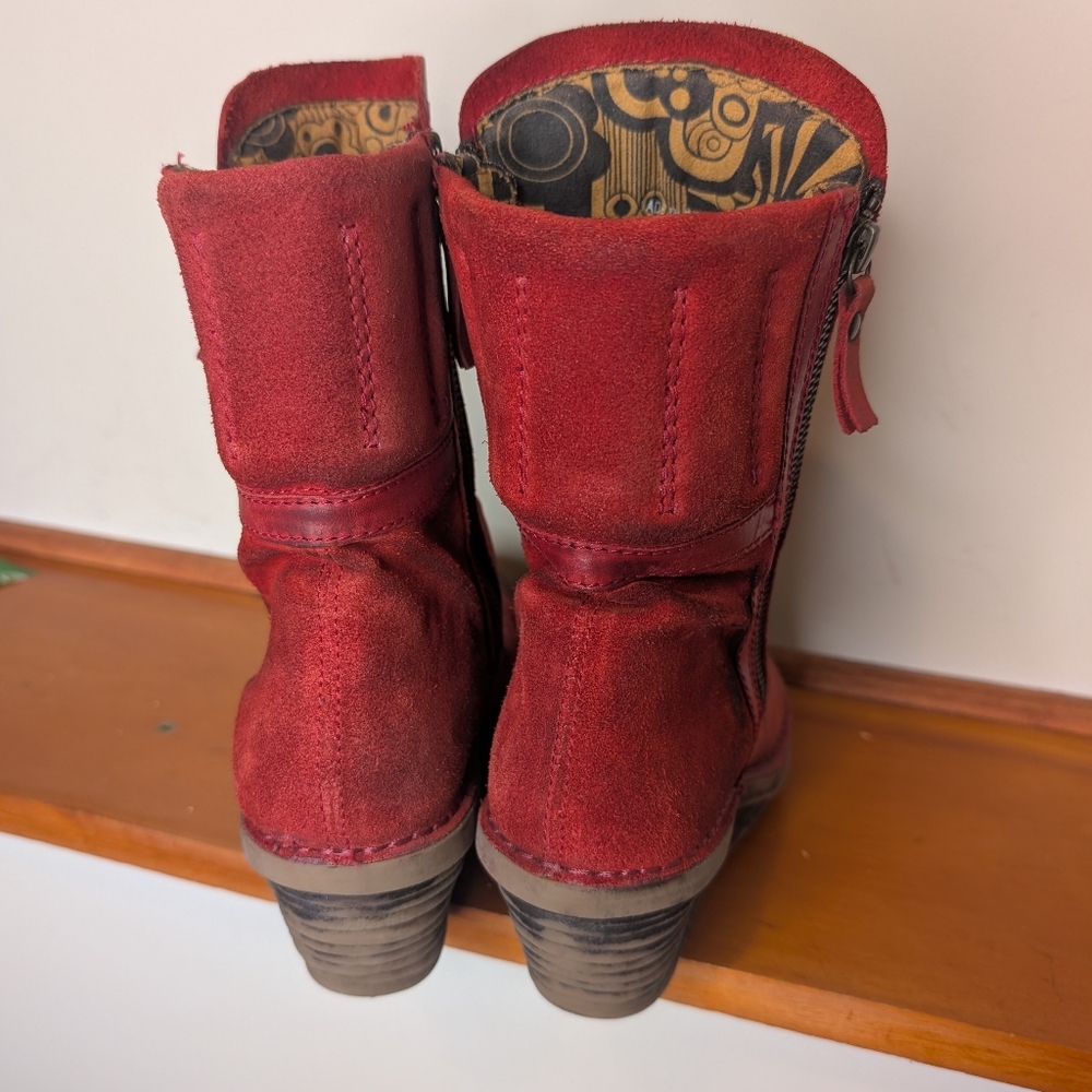 Fly London Red Leather Ankle Boots Wedge Heel Zip Booties EU 38 US 7.5 - Picture 4 of 8